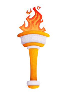 Karikatür tarzında olimpiyat meşalesinin bir çizimi. Canlı turuncu bir alev, altın ve beyaz renkler, beyaz bir arkaplanda izole edilmiş, grafikler için mükemmel..