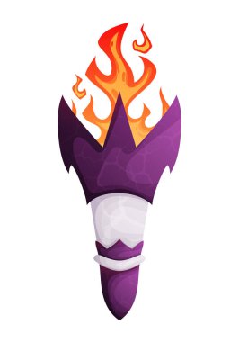 Yanan alevlerle dolu mor sihirli bir meşalenin renkli ve kaprisli bir gösterimi. Ortaçağ, fantezi ya da oyun sanatı tasarımları için uygun, çizgi film tarzı..