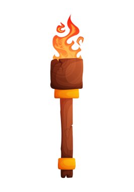 Bu yanan bir meşalenin çizgi film görüntüsü. Ahşap bir sapı ve parlak bir alevi var. Oyunlar ve çizimler için uygundur..