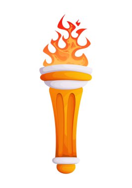 Beyaz arka planda parlak alevi olan çizgi film meşalesinin bir çizimi. Spor sembolü ya da oyun varlığı olarak kullanılabilir. Parlak ve yeni görünüyor..