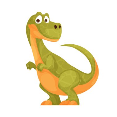Şirin, çizgi film stili Tyrannosaurus Rex 'in vektör çizimi. Dinozor yeşil ve turuncudur ve beyaz bir zemin üzerinde durur. Bu resim çocuklar için harika..