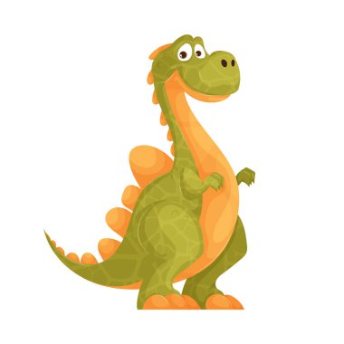 Turuncu aksanlı yeşil bir dinozorun büyüleyici bir çizimi, çocuk kitapları ve eğlenceli tasarımlar için mükemmel. Arkadaşça ve cana yakın bir hava yayıyor..