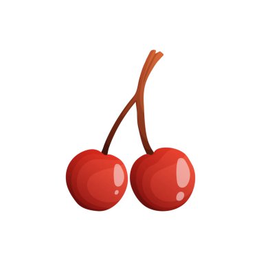 Bu resim, kahverengi bir saptan sarkan iki canlı kırmızı kirazı gösteriyor. Çizgi film tarzında, yaz meyvelerinin tazeliğini ve tatlılığını temsil ediyor..