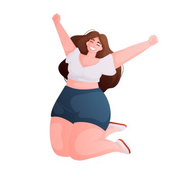 Resimli poz veren kadın sevinçten havalara uçuyor. O, başarısını kutluyor. Mutlu, pozitif ve kendine güvenen bir kadın kollarını kaldırıyor..