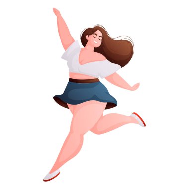 Bu illüstrasyon neşeyle zıplayan neşeli bir kadını resmediyor. Etek ve etek giyiyor, kendine güveni tam ve pozitifliği kutluyor..