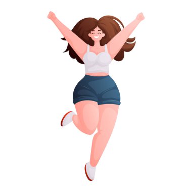 Bu neşeli illüstrasyonda kahverengi saçlı gülümseyen bir kadın kollarını kaldırarak havaya zıplıyor. Günlük giysiler giyiyor, enerji ve pozitiflik yayıyor..