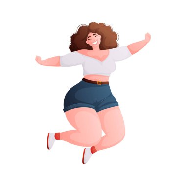 Bu illüstrasyonda kollarını açıp mutluluk saçan neşeli bir kadın var. Beyaz bir bluz, mavi bir şort ve spor ayakkabı giyiyor..