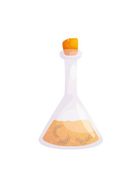 Bu, cam şişenin içinde mantarlı sihirli bir iksirin vektör çizimi. Altın sıvı bir fantezi hissi için ayrıntılı bitki süslemeleri içerir..