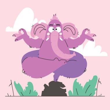 Bu sevimli çizgi film Ganesha 'yı meditasyon pozunda tasvir ediyor, sakin ve kaprisli bir atmosfer yaratıyor. Görüntü yoga ya da ruhani temalı projeler için mükemmel..