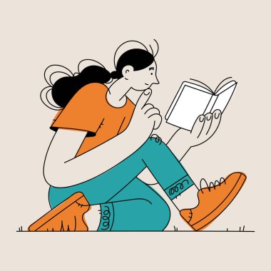 Elinde kitapla yerde oturan genç bir kadının vektör karikatürü. Okuyor ve derin düşüncelere dalmış, bir parmağını kaldırıp düşünüyor..