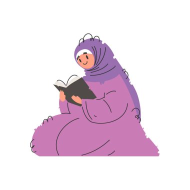 Bu resim, tesettüre girmiş, kitap okuyan Müslüman bir kadını tasvir ediyor. Öğrenmeyi, eğitimi ve kültürel takdiri sembolize eder..