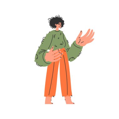 Karşılama jesti olarak ellerini uzatmış bir kadının stilize edilmiş bir tasviri. Yeşil bir süveter ve turuncu bir pantolon giyiyor..