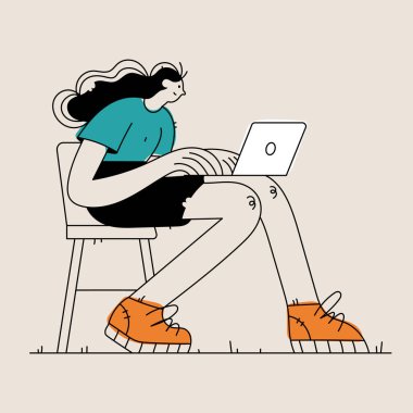 Dizüstü bilgisayarı olan genç bir kadının resmi. O bir sandalyede oturuyor. İllüstrasyon modern bir stile sahiptir ve basit geometrik şekiller kullanır..