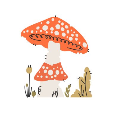 Bu illüstrasyonda bir Amanita mantarı el yapımı tuhaf bir şekilde sergileniyor. Etrafını çevreleyen yapraklarla birlikte canlı renklere sahiptir. Basit ve sevimli..