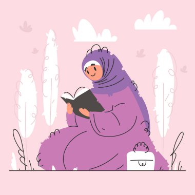 Başörtüsü takan, parkta kitap okuyan Müslüman bir kadının resmi. Etrafı şekillendirilmiş ağaçlar, bulutlar ve el çantasıyla çevrili. Huzurlu ve davetkar bir manzara yaratıyor..