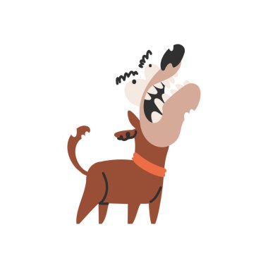 Turuncu yakalı kızgın bir kahverengi köpek arka ayakları üzerinde duruyor ve yüksek sesle havlıyor, keskin dişleri ve vahşi bir ifadeyi ortaya çıkarıyor..