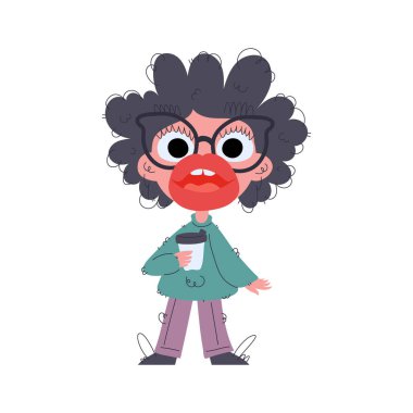 Büyük dudaklı ve gözlüklü tuhaf bir çizgi film kızı elinde kahve fincanı tutuyor. Tasarım, eşsiz saç ve giyim tarzlarıyla eğlenceli. , tasasız projeler için mükemmel.