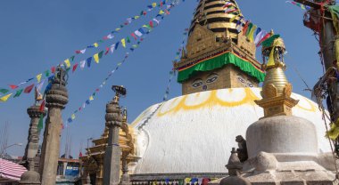 Maymun oturuyor ve Swayambhunath Stupa, Katmandu, Nepal 'deki stupanın arkasındaki gölgenin tadını çıkarıyor.