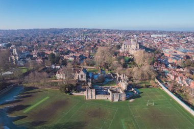 Beautiful aerial view of the famous English Heritage site, Wolvesey Castle, the Monumental remains, bishops of Winchester, daytime