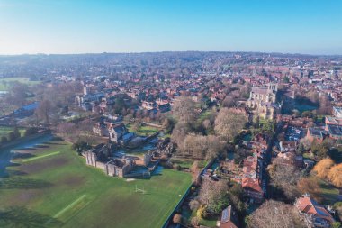 Beautiful aerial view of the famous English Heritage site, Wolvesey Castle, the Monumental remains, bishops of Winchester, daytime