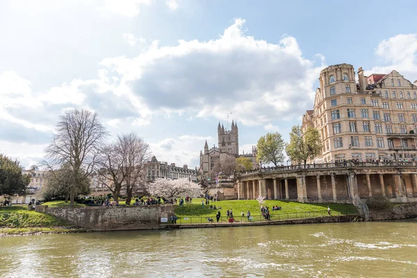 stock image Beautiful view of the famous landmark of Bath Spa, England. Near River Avon, The Architect, Bulteney Bridge, Parade Gardens. Daytime