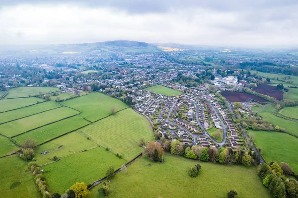 stock image Epic panorama of the landscape near Abergavenny and Govilon, South Wales of United Kingdom, in a misty overcast day