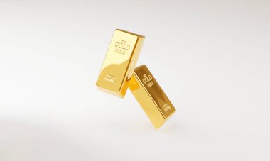 Servet ve zenginlik gösteren altın külçeleri yığını, 3D görüntüleme