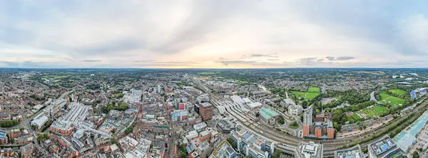 amazing aerial view of the downtown and railway station of Reading, Berkshire, UK, daytime morning