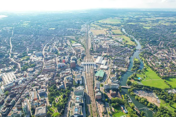 amazing aerial view of the downtown and railway station of Reading, Berkshire, UK, daytime morning