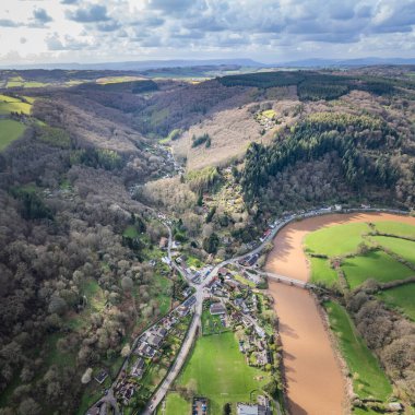 Amazing aerial panorama of Tintern Abbey, River Wye, and the nearby landscape, UK clipart