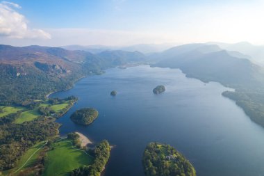 Beautiful aerial view of the Keswick, Derwentwater, Lake District National Park of England, autumn sunny day clipart