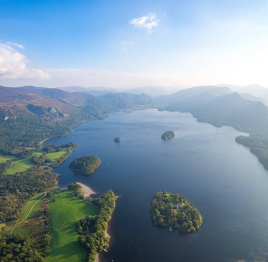 Beautiful aerial view of the Keswick, Derwentwater, Lake District National Park of England, autumn sunny day clipart