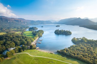 Beautiful aerial view of the Keswick, Derwentwater, Lake District National Park of England, autumn sunny day clipart