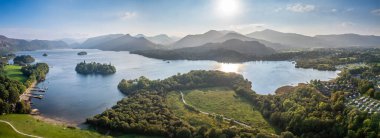 Beautiful aerial view of the Keswick, Derwentwater, Lake District National Park of England, autumn sunny day clipart