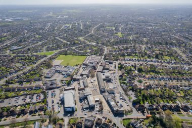 Woodley şehir merkezinin hava görüntüsü. Wokingham, Reading, Berkshire 'da küçük bir kasaba.