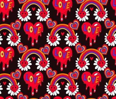 Sevgililer Günü 'nde 70' lerin modası geçti. Aşk ve barış. Sonsuz doku. Arkaplan. vektör illüstrasyonu. 