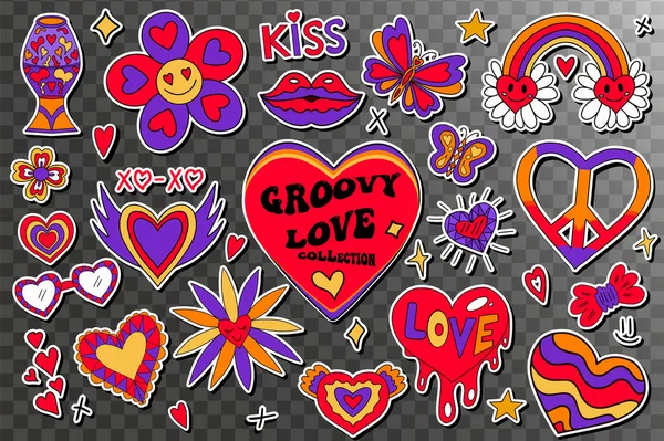 Valentines Day Groovy Retro 70S Set Elements Love Peace Collection — Vector de stock