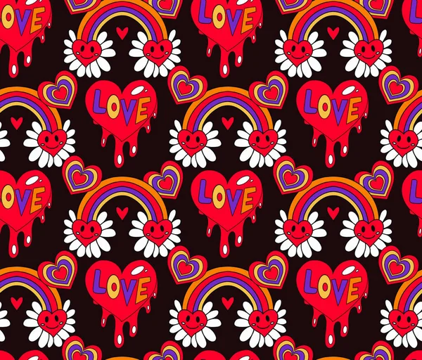 Valentines Day Groovy Retro 70S Seamless Pattern Love Peace Endless — Vector de stock