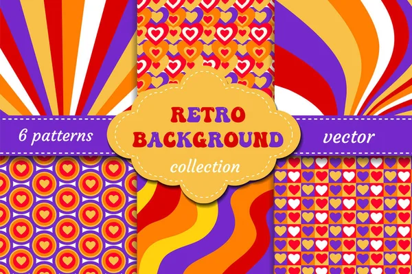 Retro Love 70S 60S Patterns Set Geometric Ornaments Hearts Vector — Vector de stock