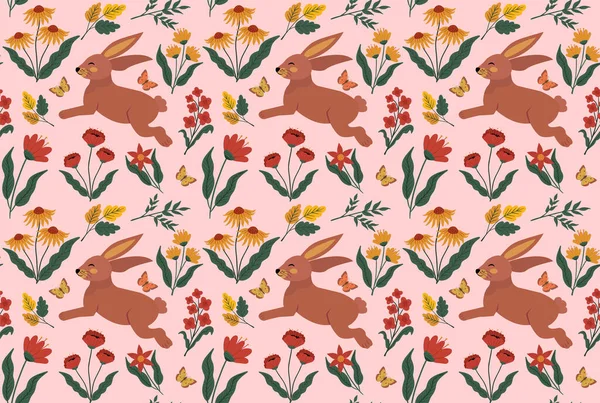 春の花でかわいいウサギとアヒルの花の庭のベクトルシームレスなパターン ヴィンテージロマンチックな自然手描きプリント ベクターイラスト — ストックベクタ