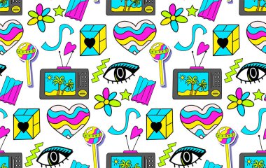 90 'ların modası, neon elementleri, yamayla moda dokusu, çıkartmalar. Pop sanat duvar kağıtları, tekstil ve ambalaj baskısı. Vektör illüstrasyonu.