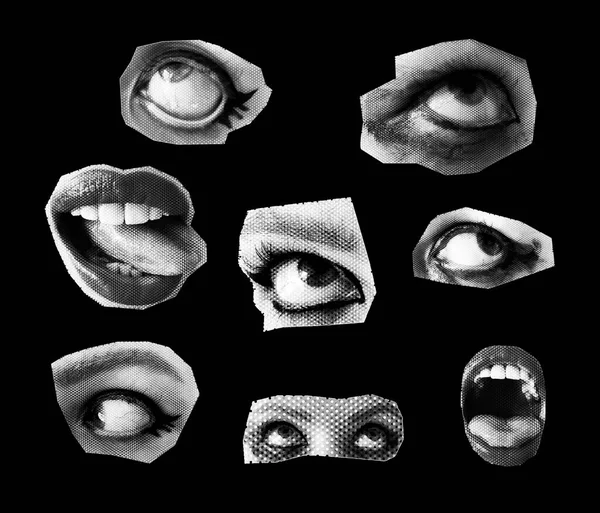 Yarım ton kolaj etiketi seti. Dudaklar, gotik makyajlı gözler. Retro yarım ton koleksiyonu. Serseri, 2000x y2k emo biçim vektör çizimi