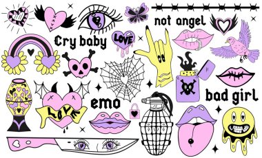 Y2k 2000s cute emo goth aesthetic stickers, tattoo art elements and slogan. Vintage pink and black gloomy set. Gothic concept of creepy love. Vector illustration. clipart