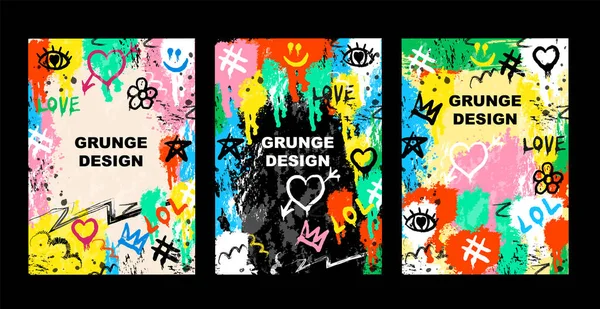 Abstract Bright Graffiti Y2K Punk Posters Set Bricks Paint Drips — Stock Vector