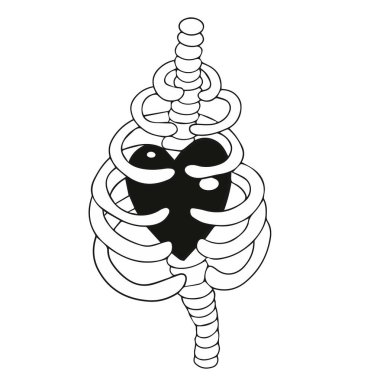 İçinde iskelet ve kalp var. Moda gotik, kıyafet ve tişörtler için emo grunge baskısı. Vektör illüstrasyonu.