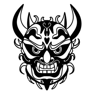 Şeytan Hannya Maskeli Japon dövmesi, dövme ya da tişört baskısı. Oni maske vektör illüstrasyon tasarımı koyu renk sanat tarzıyla.