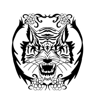 Yanan Kaplan Silueti. Saldırgan iblis baş monokromatik stil illüstrasyon.