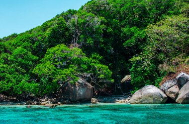 Okyanus mavisi deniz suyunun tropikal adaları ve Similan Adaları 'ndaki ünlü Sail Rock, Phang Nga Tayland doğa manzaralı beyaz kum plajları. Yüksek kalite fotoğraf