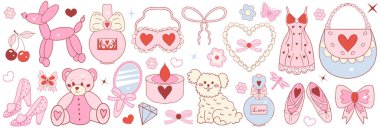 Pembe kız koquette y2k estetik set, zarif klasik aksesuar. Hoş bir koleksiyon, kırmızı kiraz, pembe kurdele, yay, beyaz arka planda izole edilmiş balon köpek. Vektör illüstrasyonu.