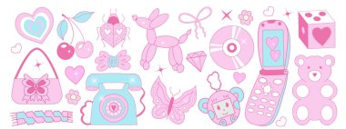 Pembe kız retro coquette y2k estetik set, zarif klasik aksesuar. Hoş bir koleksiyon, jelibon ayı, pembe kurdele, yay, beyaz arka planda izole edilmiş balon köpek. Vektör illüstrasyonu.